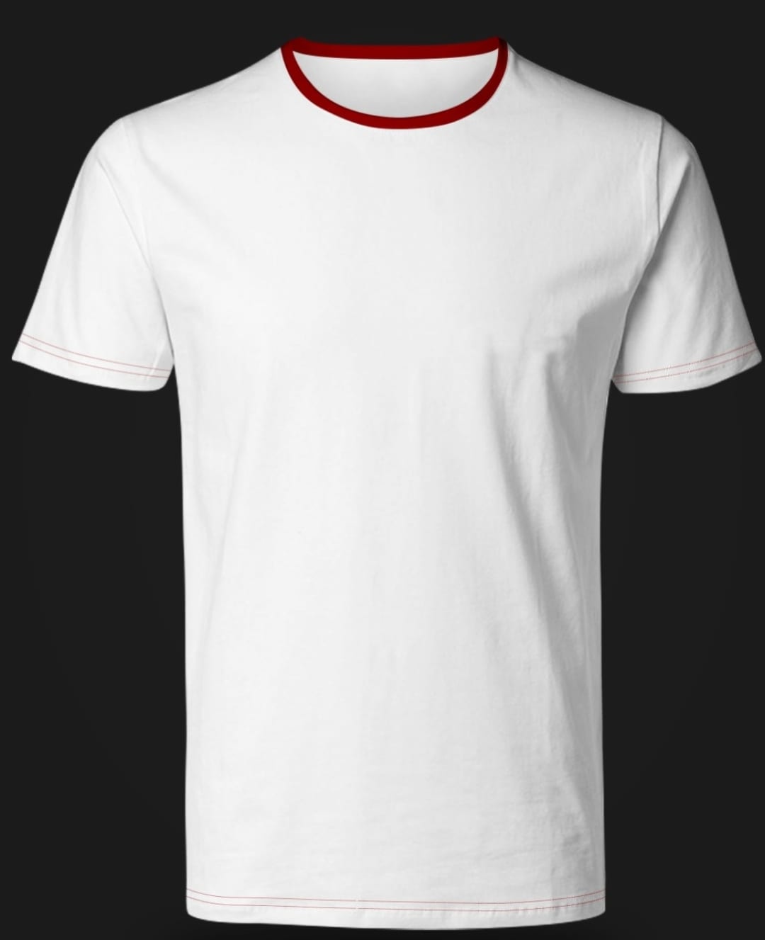 White Round Neck T-shirt with Red Collar