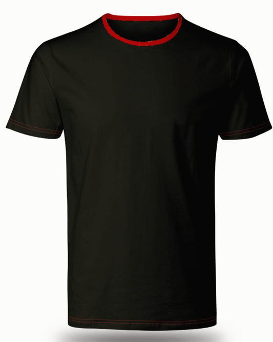 Black Round Neck T-shirt with Red Collar